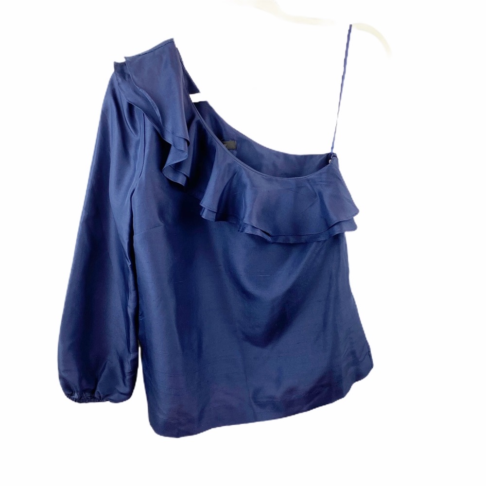 NWT JCrew Silk One Sleeve Navy Blue Ruffle Top 00 - Picture 4 of 11